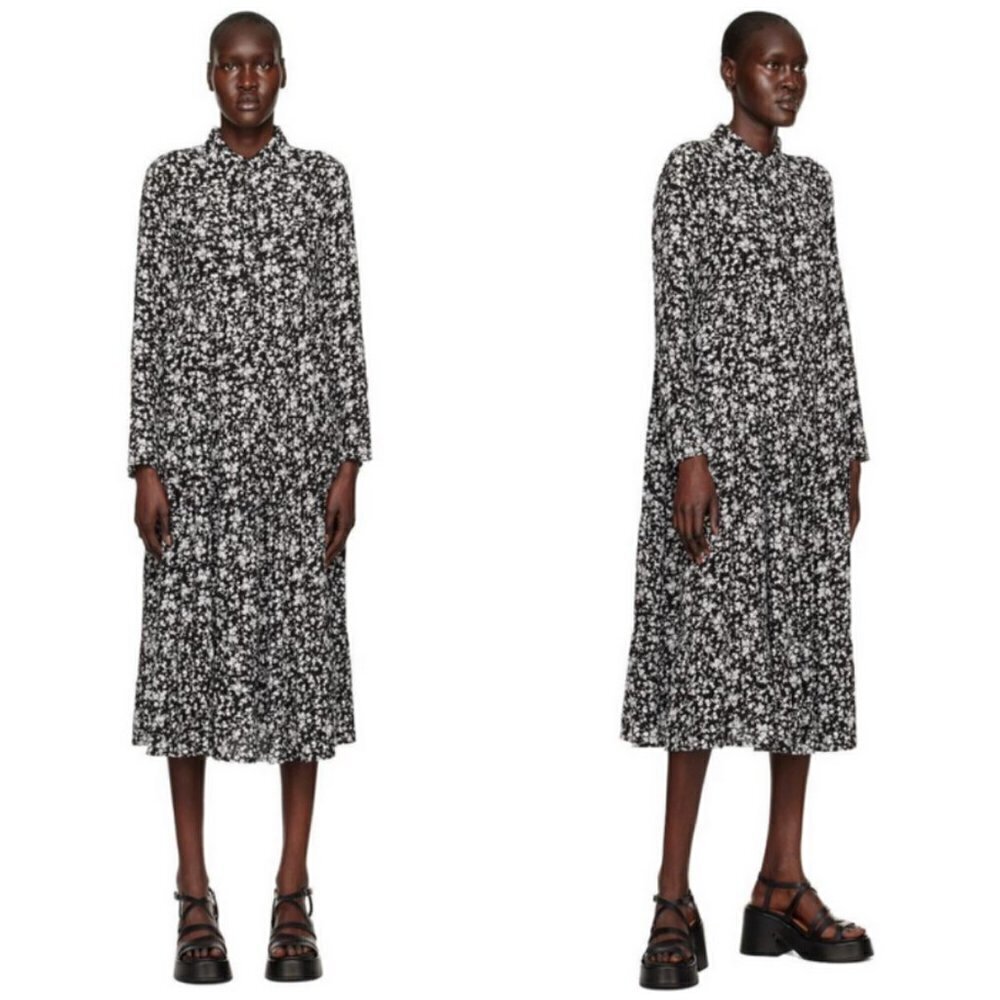 💕GANNI💕 Printed Crepe Layer Midi Dress ~ Viscose Black Floral Print 36 EU - Picture 6 of 16